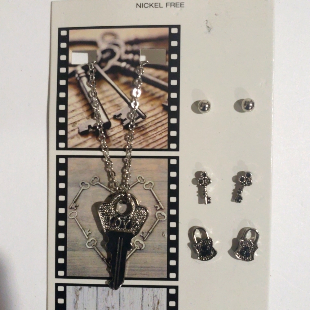 Stylish Silver tone Key Necklace & Earrings Set of 3 Nickel-Free Women's Jewelry